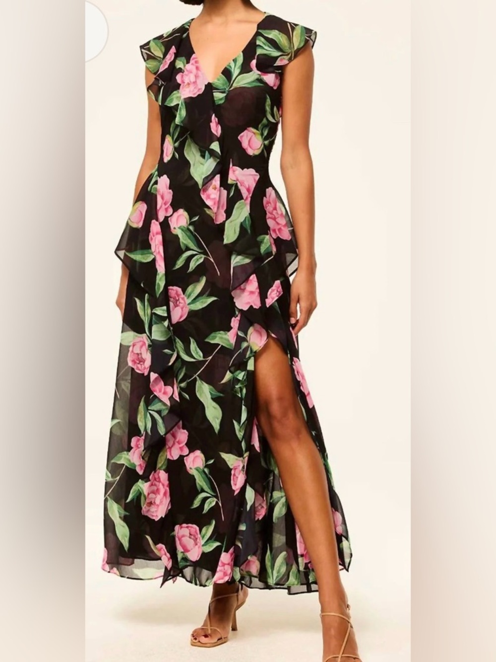 Misa Los Angeles Black Floral Maxi Dress with Pink Peony Accents